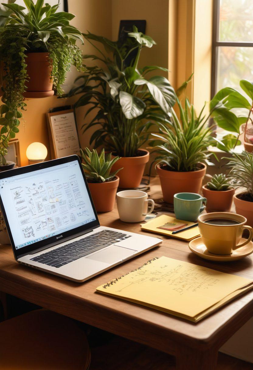 A visually inspiring writer's desk with an open notebook filled with creative sketches, a steaming cup of coffee, a modern laptop displaying a digital writing platform, and motivational sticky notes. Surrounding the desk are vibrant plants symbolizing growth and creativity, all under warm golden lighting that evokes a sense of productivity. super-realistic. vibrant colors. cozy atmosphere.
