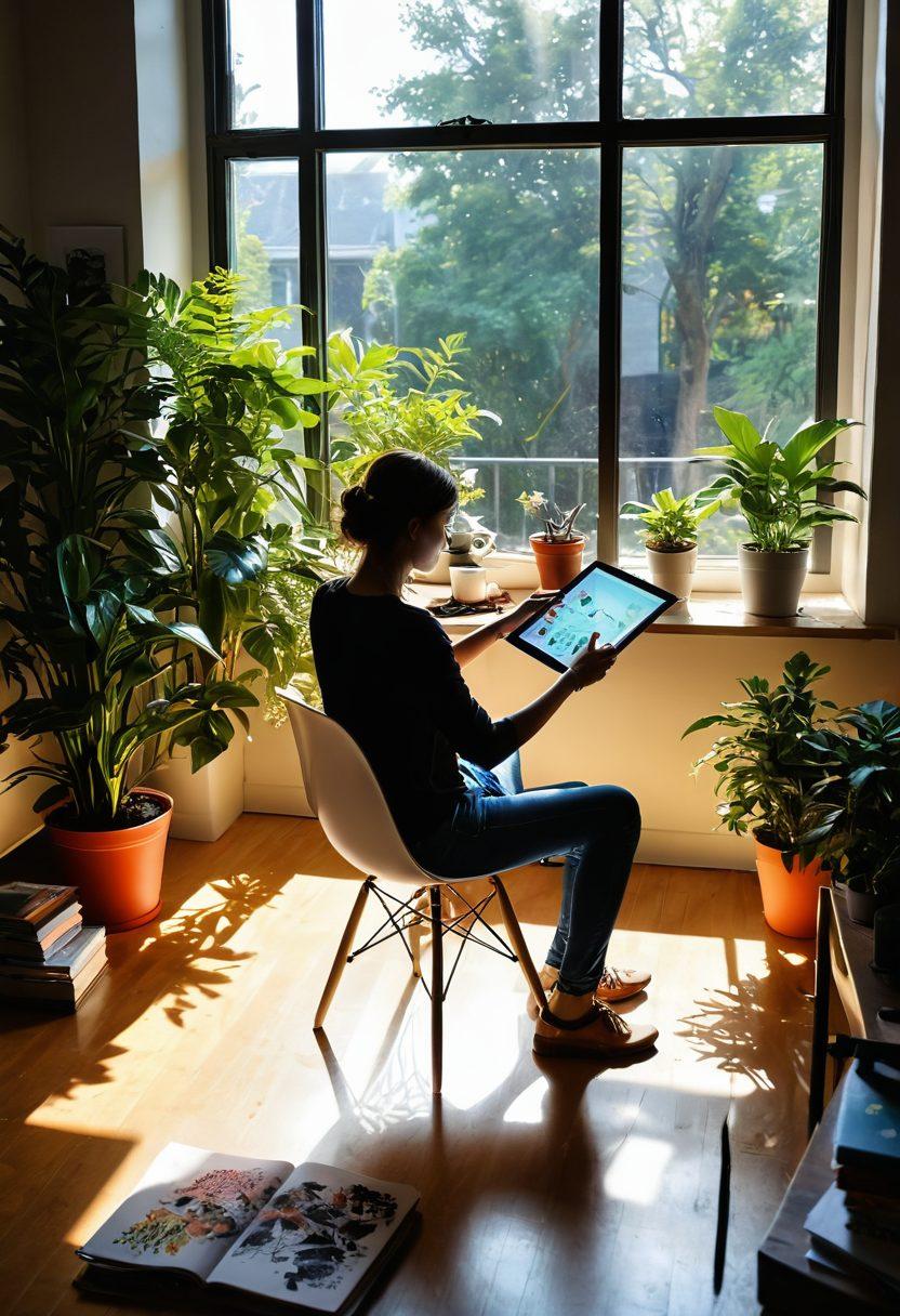 A vibrant workspace filled with creative tools: a digital tablet, colorful sketches, and a cozy chair. Natural light streaming through a window with plants and art supplies scattered around, symbolizing inspiration. A silhouette of a person brainstorming with a cup of coffee in hand, blending technology and nature. super-realistic. vibrant colors. cozy atmosphere.