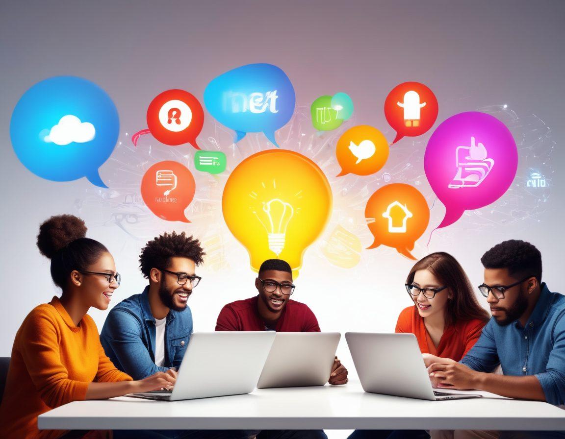 A captivating scene depicting a diverse group of storytellers engaged in digital content creation, surrounded by various devices like laptops and tablets displaying vibrant graphics and videos. Incorporate elements like speech bubbles filled with engaging text, a glowing lightbulb symbolizing creativity, and colorful digital icons representing social media and storytelling. The background should be a blend of bright, energetic colors that evoke excitement and inspiration. super-realistic. vibrant colors. white background.